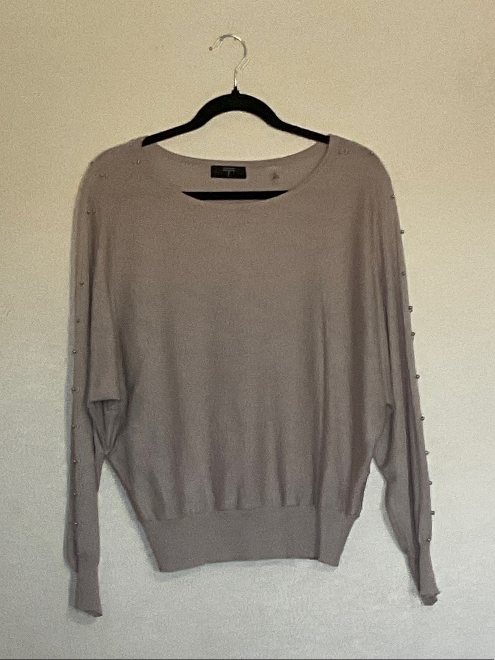 Tahari Taupe Crewneck Sweater with Pearl-Trim Sleeves